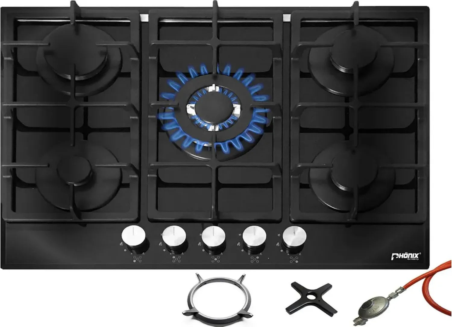 Phönix 70 cm Eingebautes Gaskochfeld mit 5 Brennern und Glasoberfläche